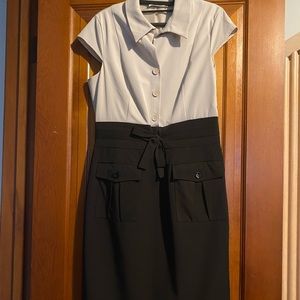 Calvin Klein short sleeve belted dress, tan top and black bottom, size 10